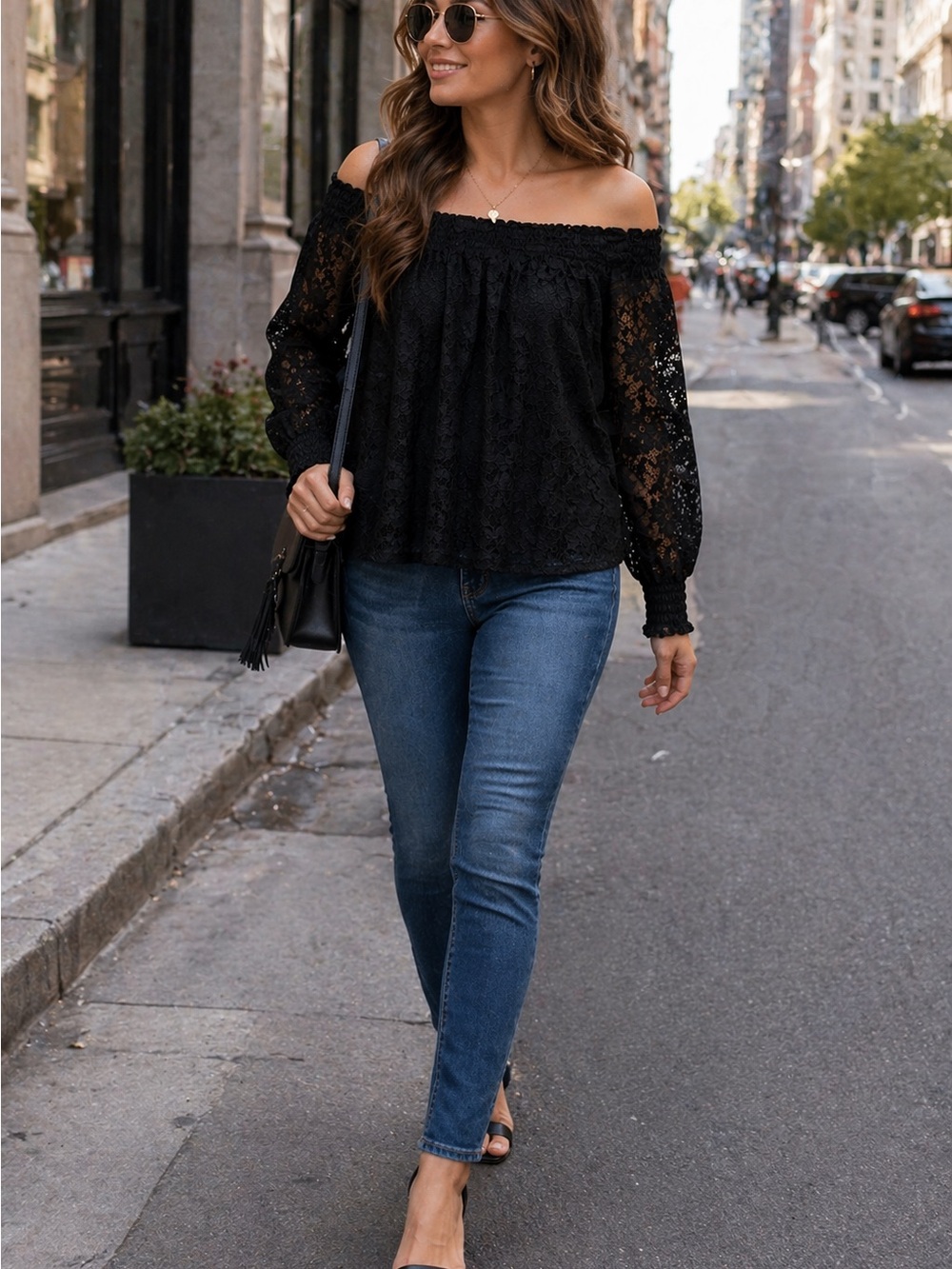 Black Lace Off Shoulder Blouse Boho Sheer Floral Long Sleeve Keyhole Back Top - Picture 3 of 13